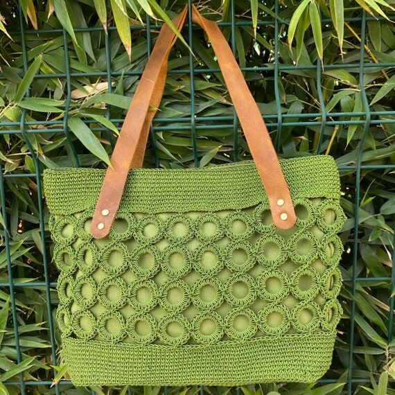Green Crochet Tote Bag – Handmade Boho Wove...