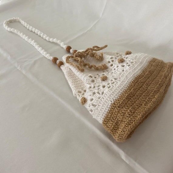 Beige Crochet Drawstring Bag – Handmade Coa...