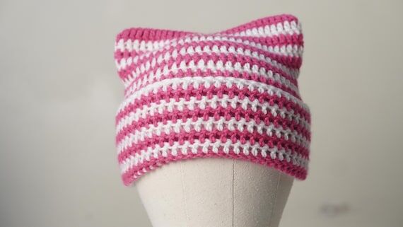 Pink & White Stripes Crochet Cat Ear Beanie |...