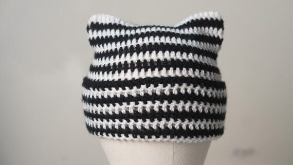White & Black Stripes Crochet Cat Ear Beanie ...