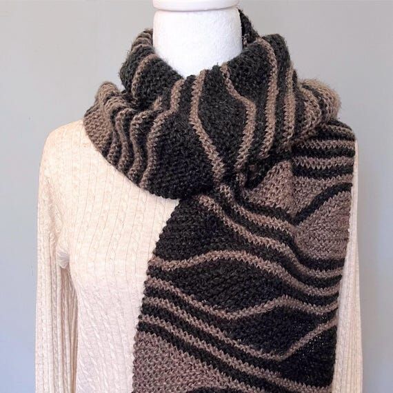 Handmade Knit Scarf, Taupe Black Striped Wrap...