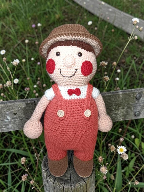 Handmade Crochet Farmer Playset with Goat, Co...