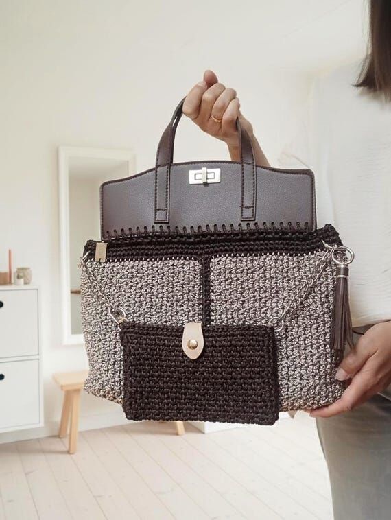 Crochet Bag – Beige Brown Shoulder Tote Pur...