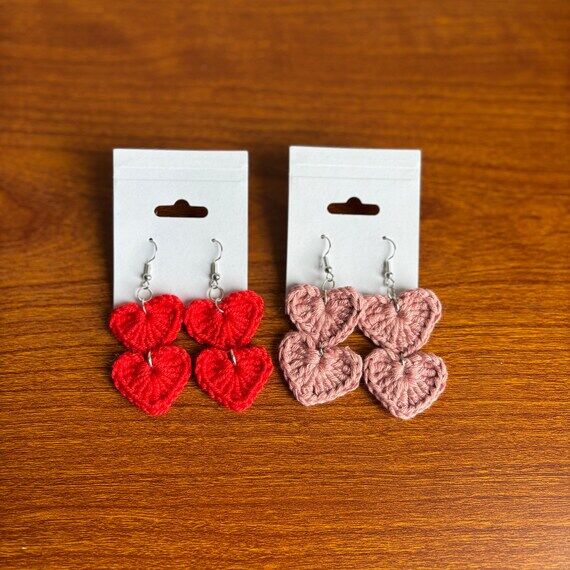 Crochet Double Heart Earrings Adorable Romant...