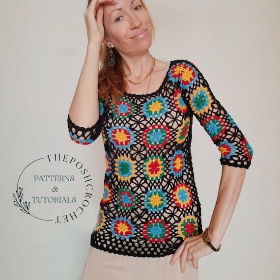 Granny Square Crochet Top Pattern, Boho Sweat...