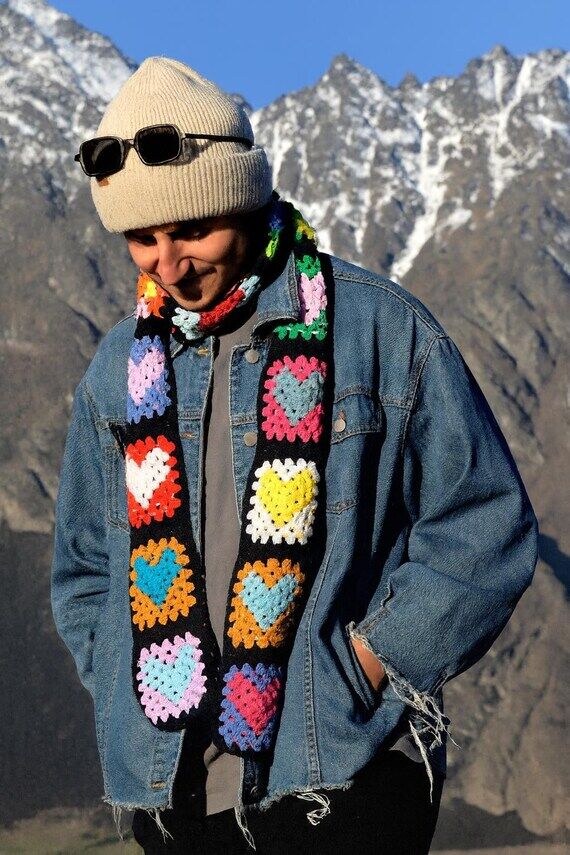 Crocheted Scarf with Colorful Hearts: Organic...