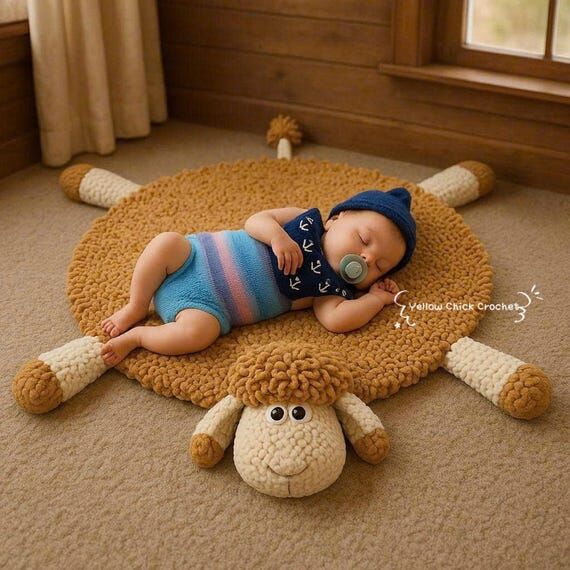 Crochet Sheep Rug, Handmade Baby Play Mat, Nu...