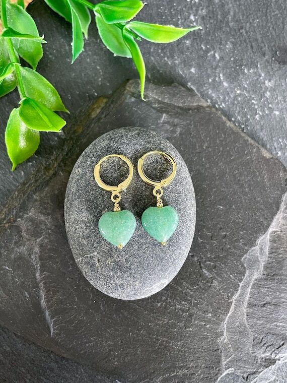 Green Aventurine Heart Earrings, Gold Huggie ...