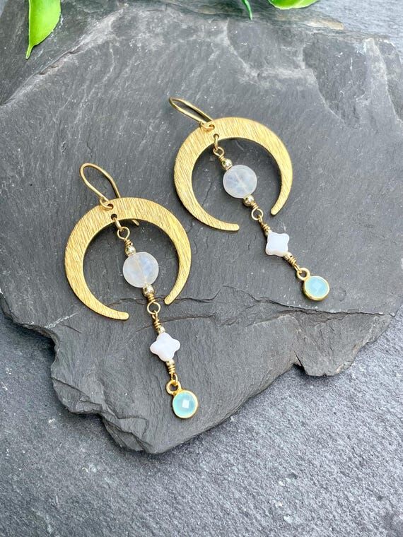 Crescent Moon Earrings, Moonstone Chalcedony ...