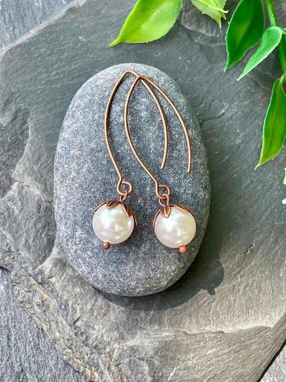 Antique Copper Pearl Earrings, White Swarovsk...