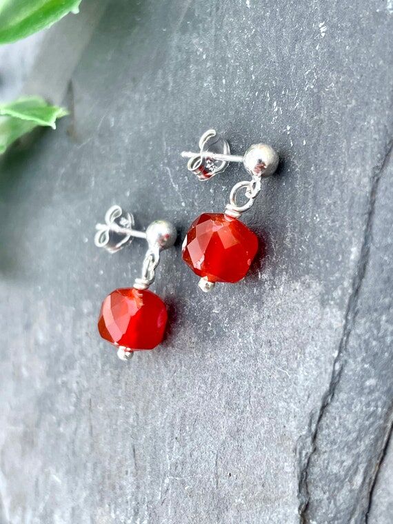 Small Red Carnelian Drop Earrings: Sterling S...