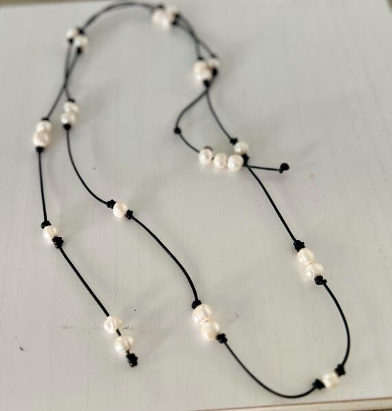 Handmade Freshwater Pearl and Black Leather C...