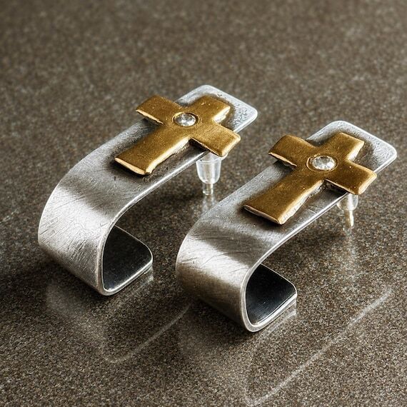 Sterling Silver Gold Cross Earrings with CZ P...