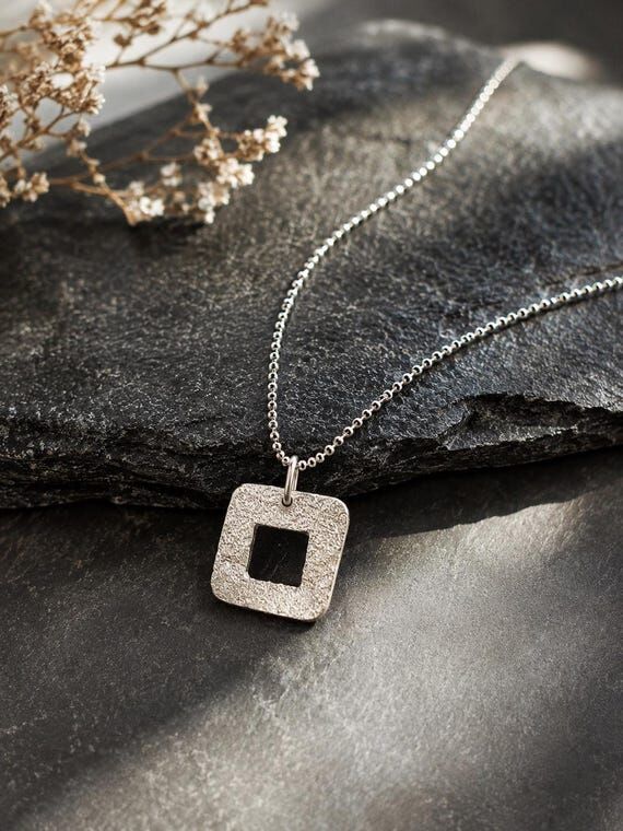Sterling Silver Square Pendant Necklace - Min...