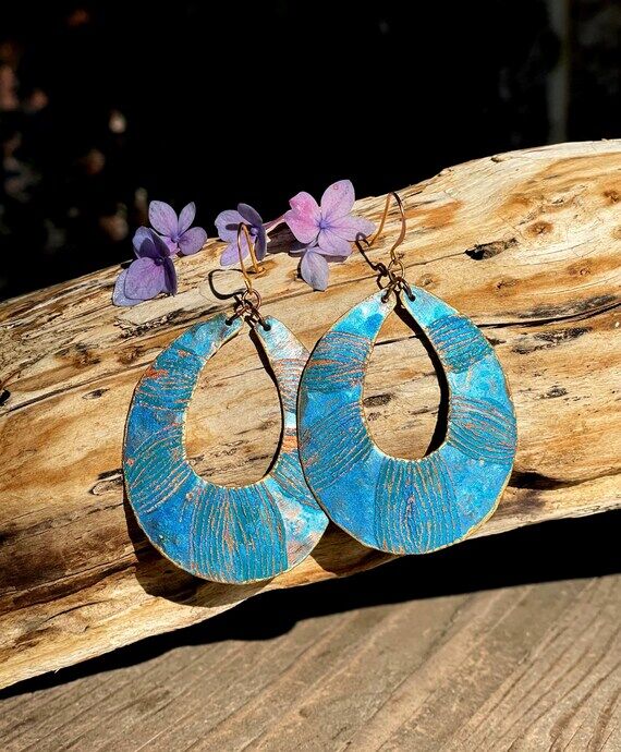 Large Blue Hoop Earrings, Unique Jewelry, Pat...