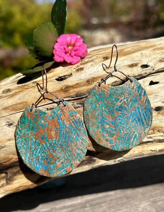 Blue Patina Copper Jewelry, Teal Crescent Moo...