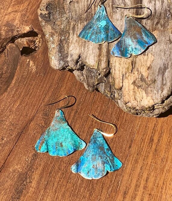 Small Turquoise Copper Patina Earrings, Ginkg...