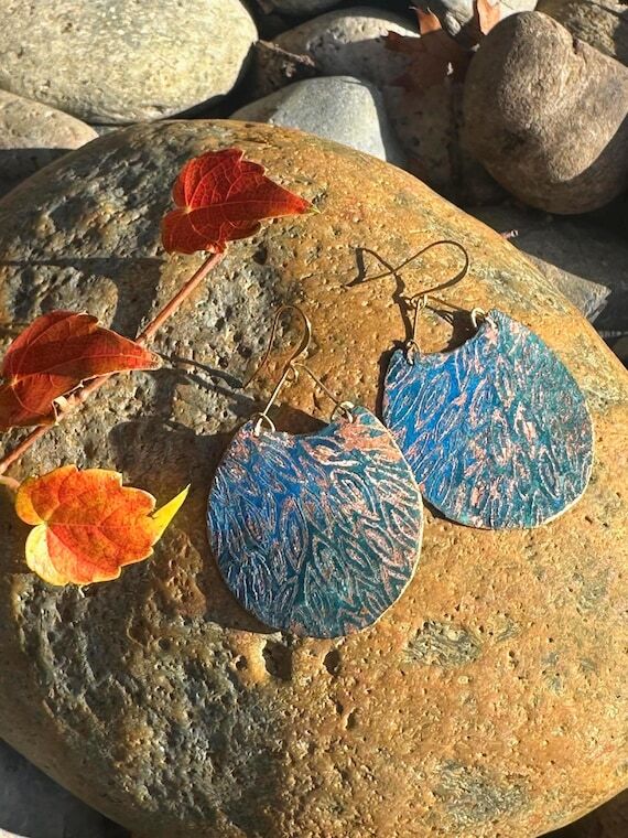 Handmade Copper Patina, Blue Statement Earrin...