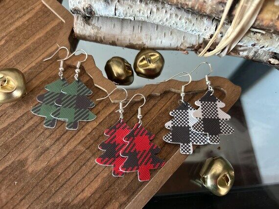 Faux Leather Christmas Tree Earrings, Plaid H...