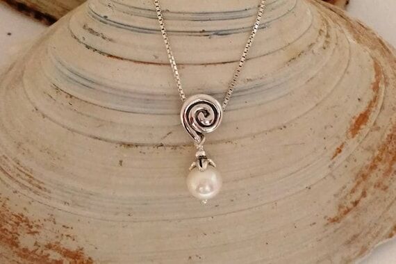 Silver swirl pendant with pearl, Sterling sil...