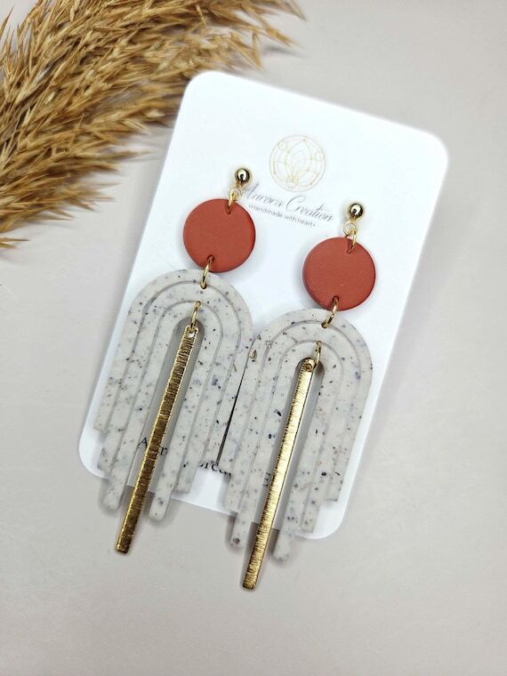 Long Terracotta Boho Earrings, Geometric Poly...
