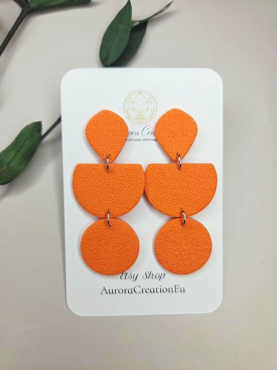 Geometric Orange Earrings, Bold Statement Dan...