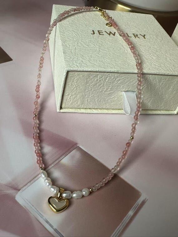 Pink Crystal Heart Necklace: Pearl Beads, Gol...