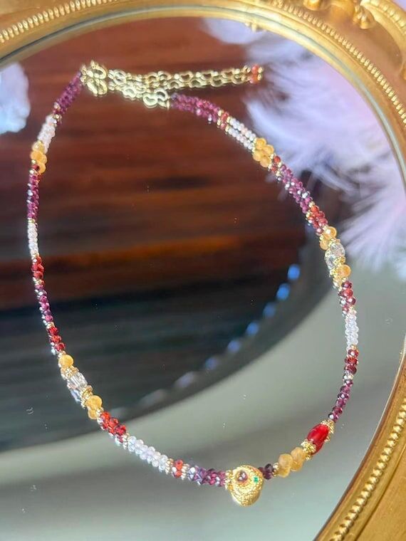 Garnet and Citrine Beaded Choker – Handmade...