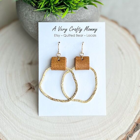 Brass and Honey Brown Leather Earrings: Geome...