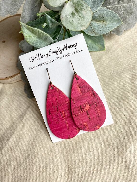 Pink Cork Leather earrings, pink leather cork...