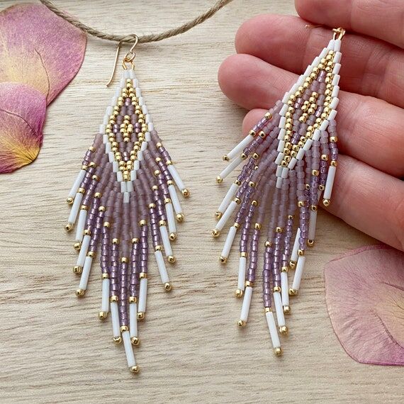 Lilac Diamond Feather Fringe Bead Earrings...
