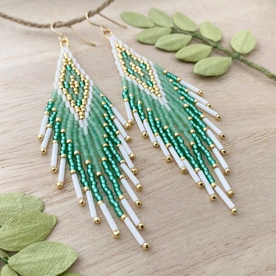 Mint Diamond Feather Fringe Bead Earrings...