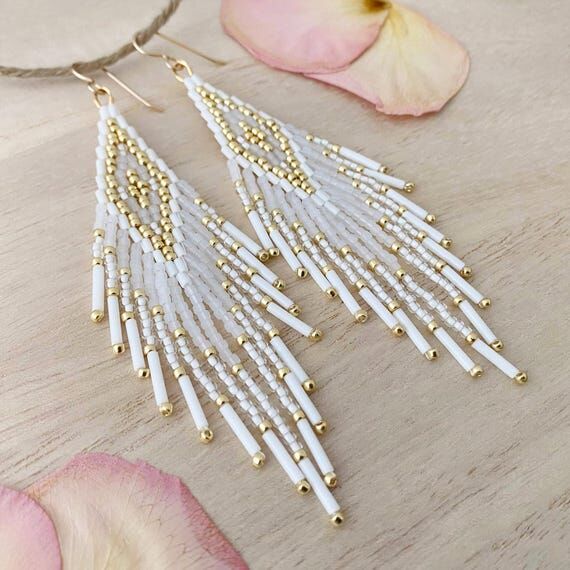 White Diamond Feather Fringe Bead Earrings...