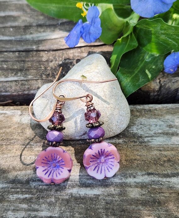 Boho Pink & Purple Hawaii Flower Earrings: Cz...
