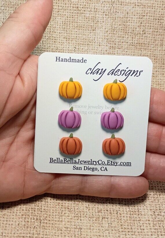 Handmade Polymer Clay Pumpkin Stud Earrings 3...