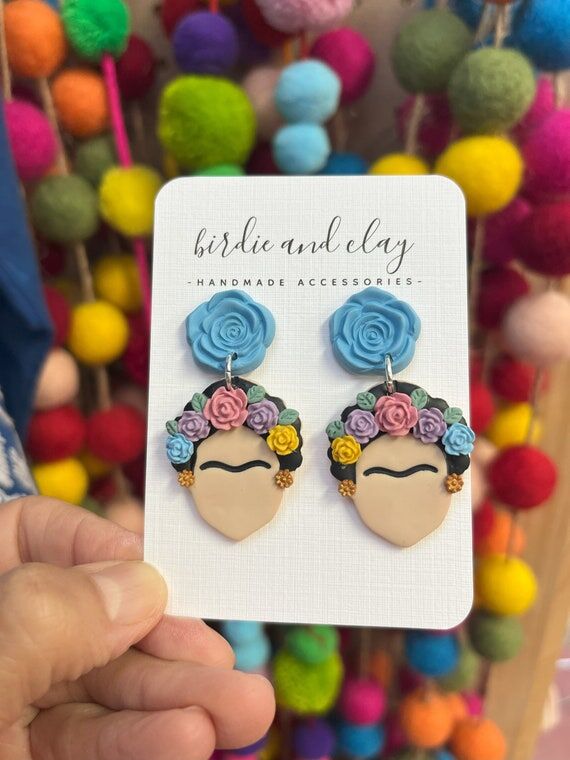 Frida Kahlo Earrings, Polymer Clay Floral Dan...