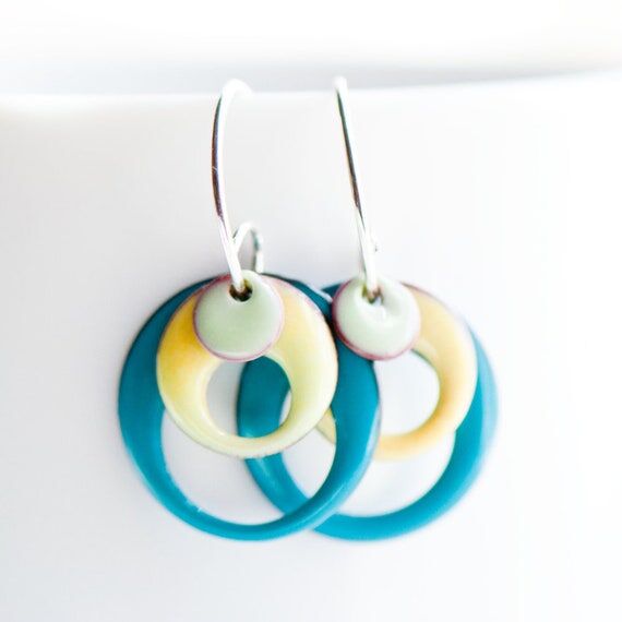 Handmade Copper Enamel Hoop Earrings: Sterlin...