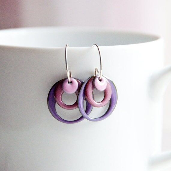 Handmade Copper Enamel Hoop Earrings: Pink Pu...