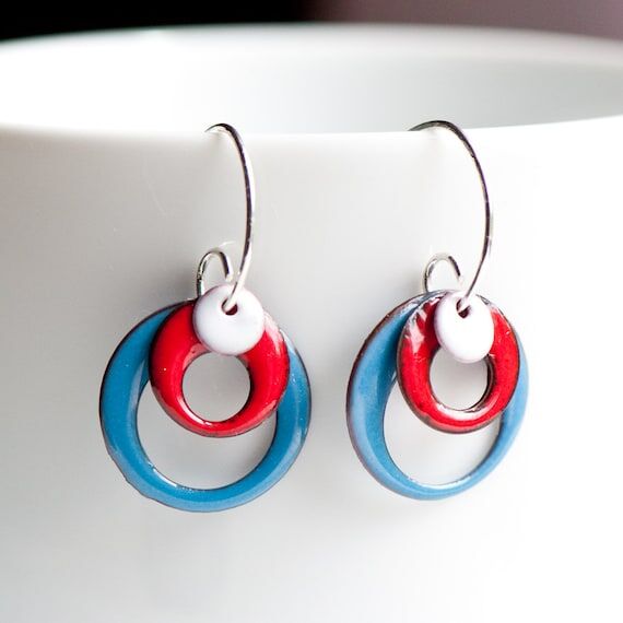 Copper Enamel Hoop Earrings: Red White Blue P...