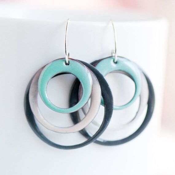 Enamel Hoop Earrings: Mint, Gray, White - Ste...
