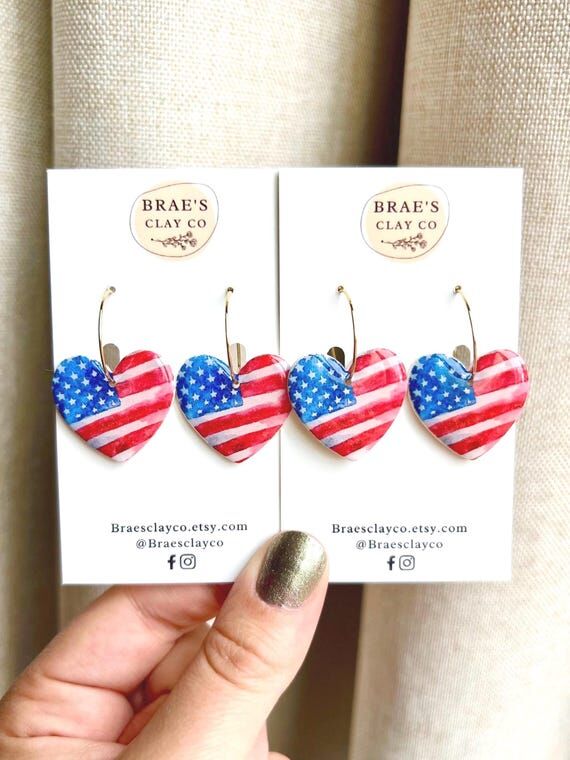American Flag Heart Earrings | Polymer Clay E...