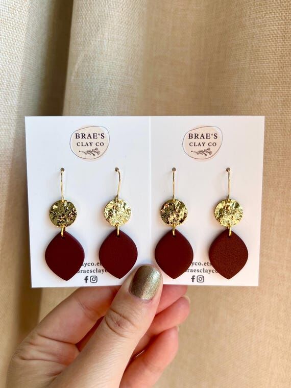 Maroon Simple Brass Earrings | Polymer Clay E...