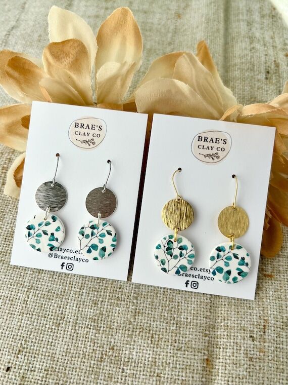 Green Leaves and Brass Clay Earrings | Polyme...