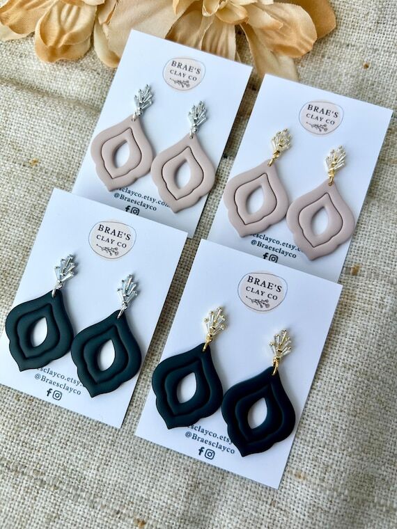Black and Beige Rhinestone Frame Clay Earring...