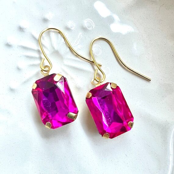 Hot Pink Art Deco Earrings: Fuchsia Glass Cry...