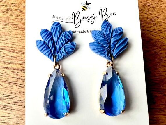 Blue Crystal Teardrop Earrings: Polymer Clay ...