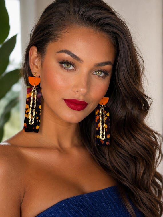 Bold Orange Abstract Statement Earrings Maxim...