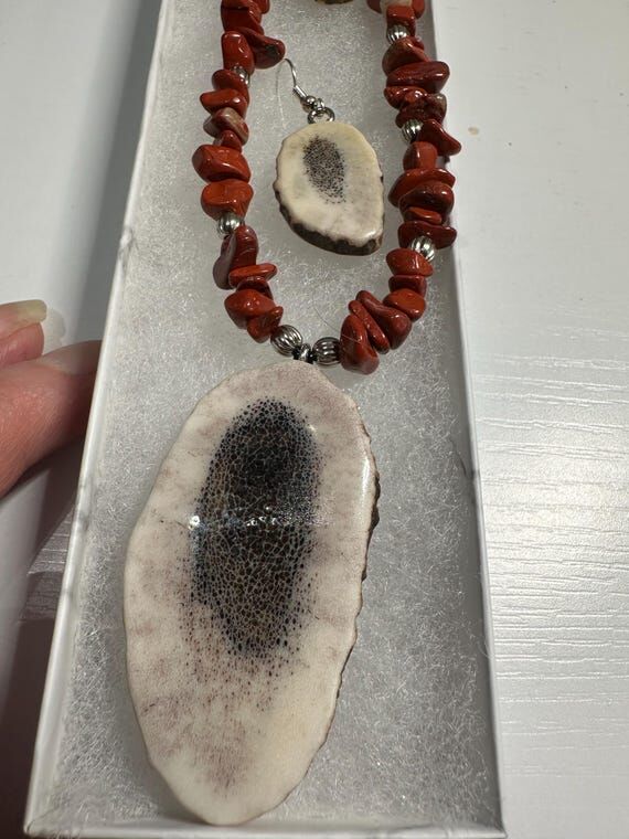 Red Jasper Elk Antler Pendant Earrings Set ...