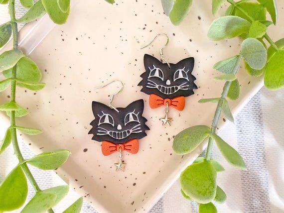 Vintage Halloween Cat Earrings, Black Cat Cla...
