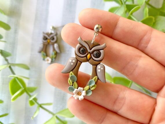 Floral Owl Earrings: Polymer Clay Woodland Je...